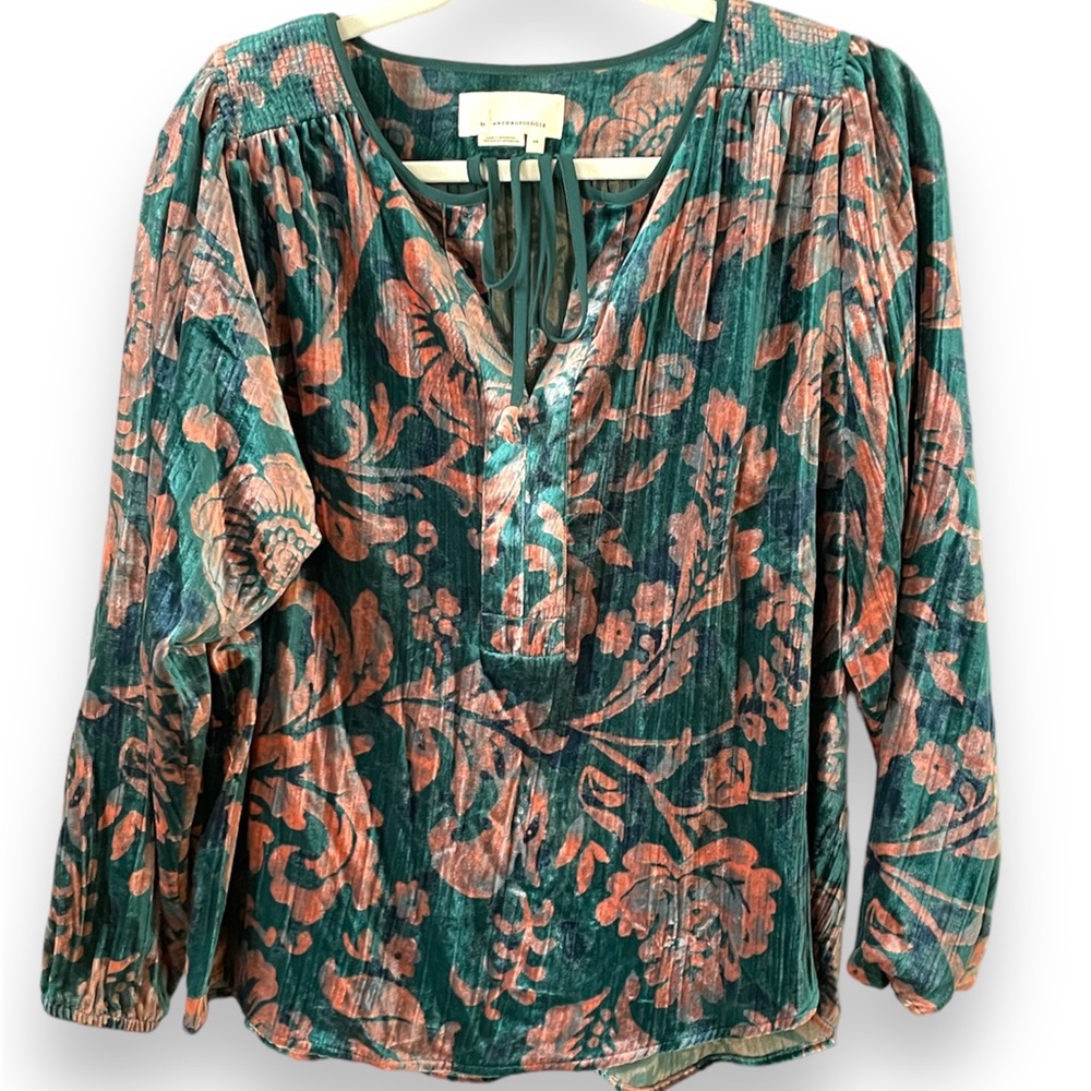 Anthropologie Teal & Pink Peasant Style Blouse